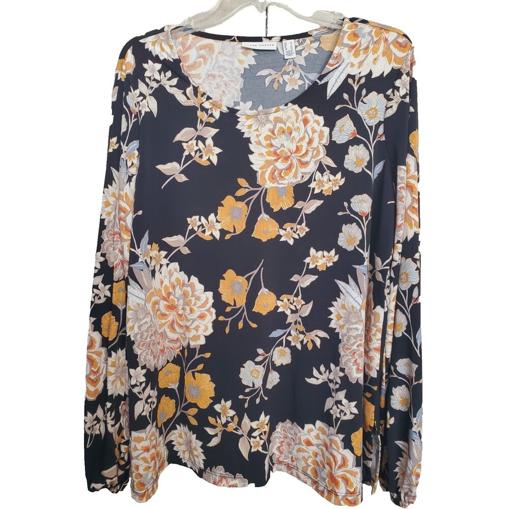 Susan Grave LiquidKnit Black Floral Foiled Print Elastic Cuff Tunic Size Large